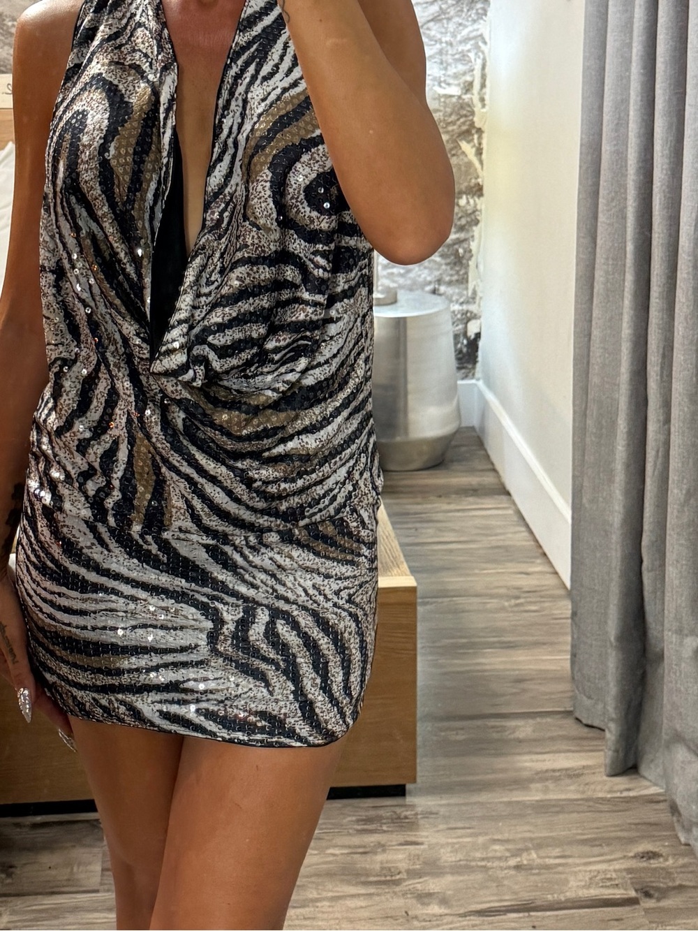 Sequin Zebra Halter Mini Dress - Black & Silver